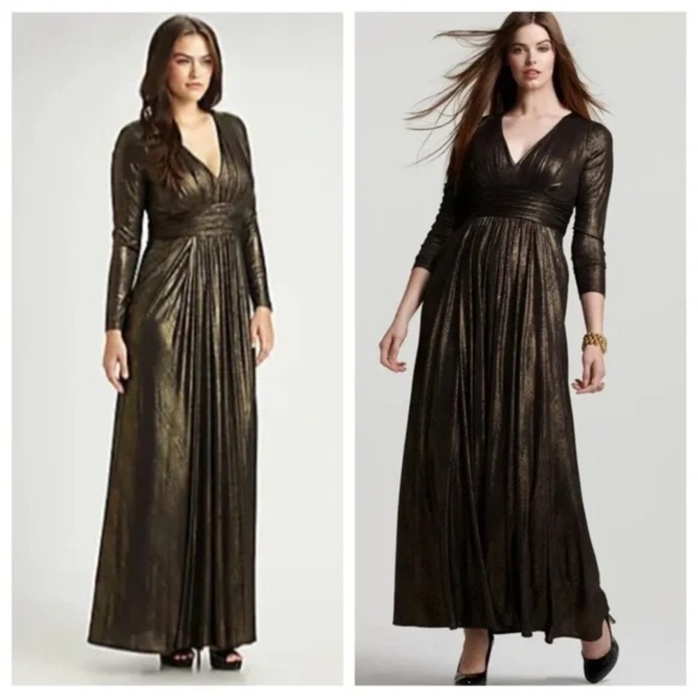 David Meister Black & Metallic Gold Full Length Long Sleeve Gown | 14W
